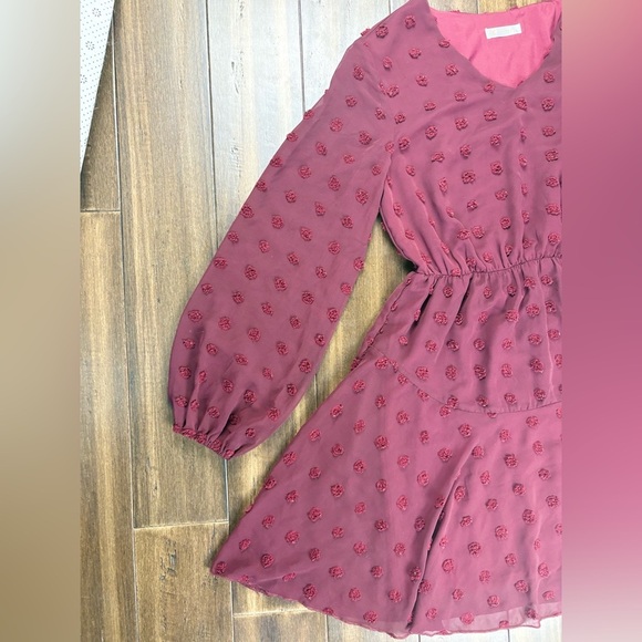 NWOT Midi Dress M Burgundy Long Sleeve Chiffon Elastic Waist Cute Guest Holiday - Picture 4 of 8